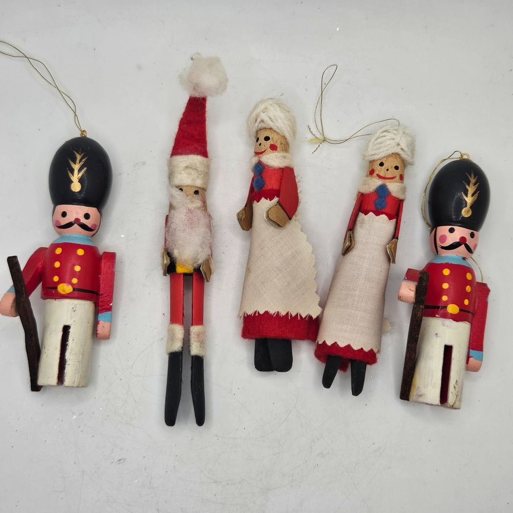 Vintage Christmas Ornaments Lot 5 Wood Soldiers Santa Carolers